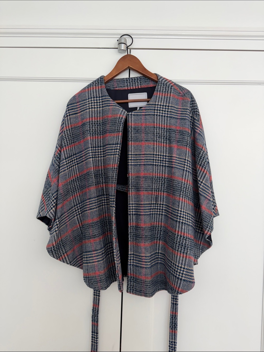 Plaid Open-Front Cape Sweater with Belt - Gray & Red